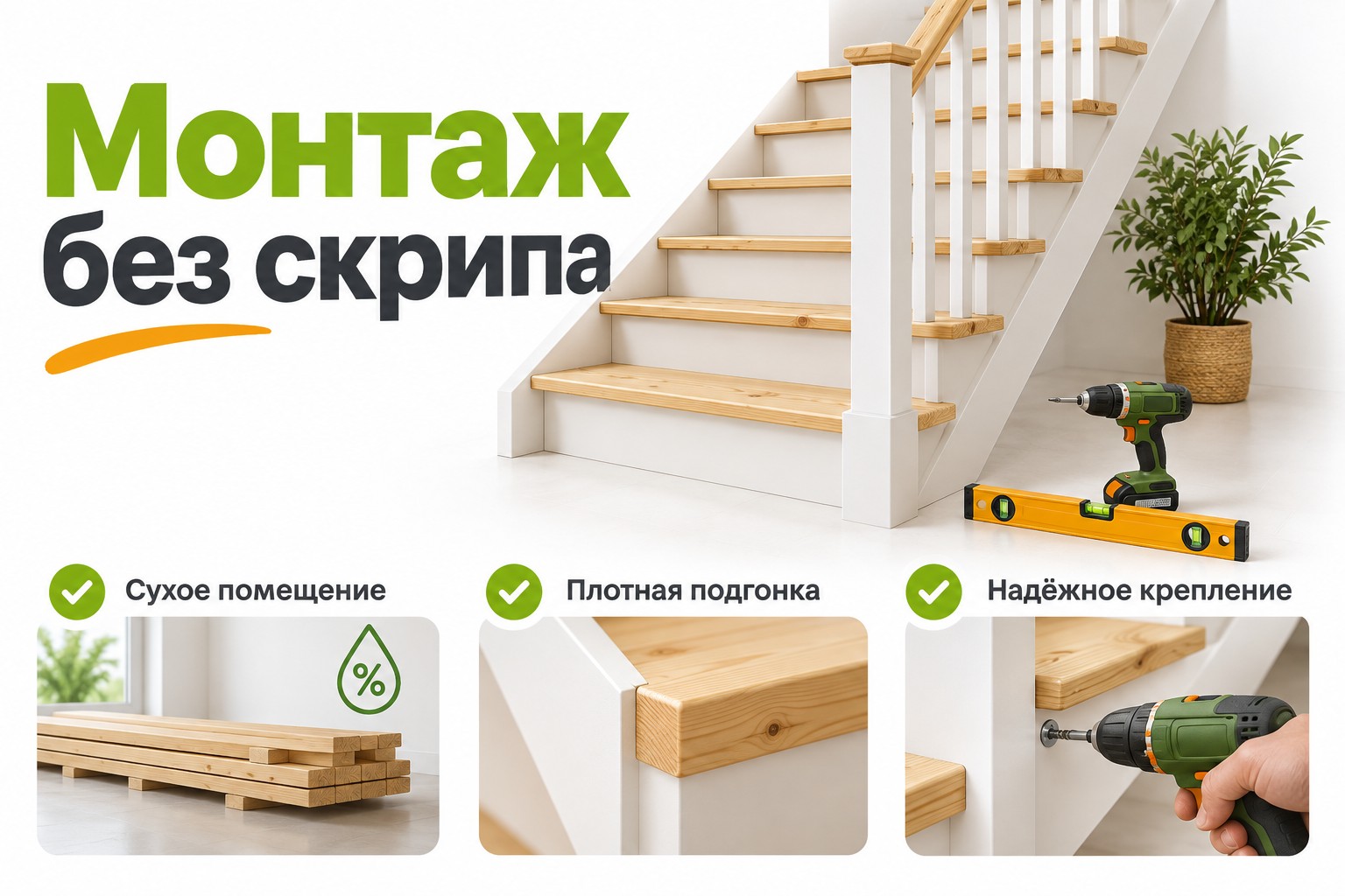 Монтаж без скрипа: сухое помещение, плотная подгонка деревянных деталей и надёжное крепление