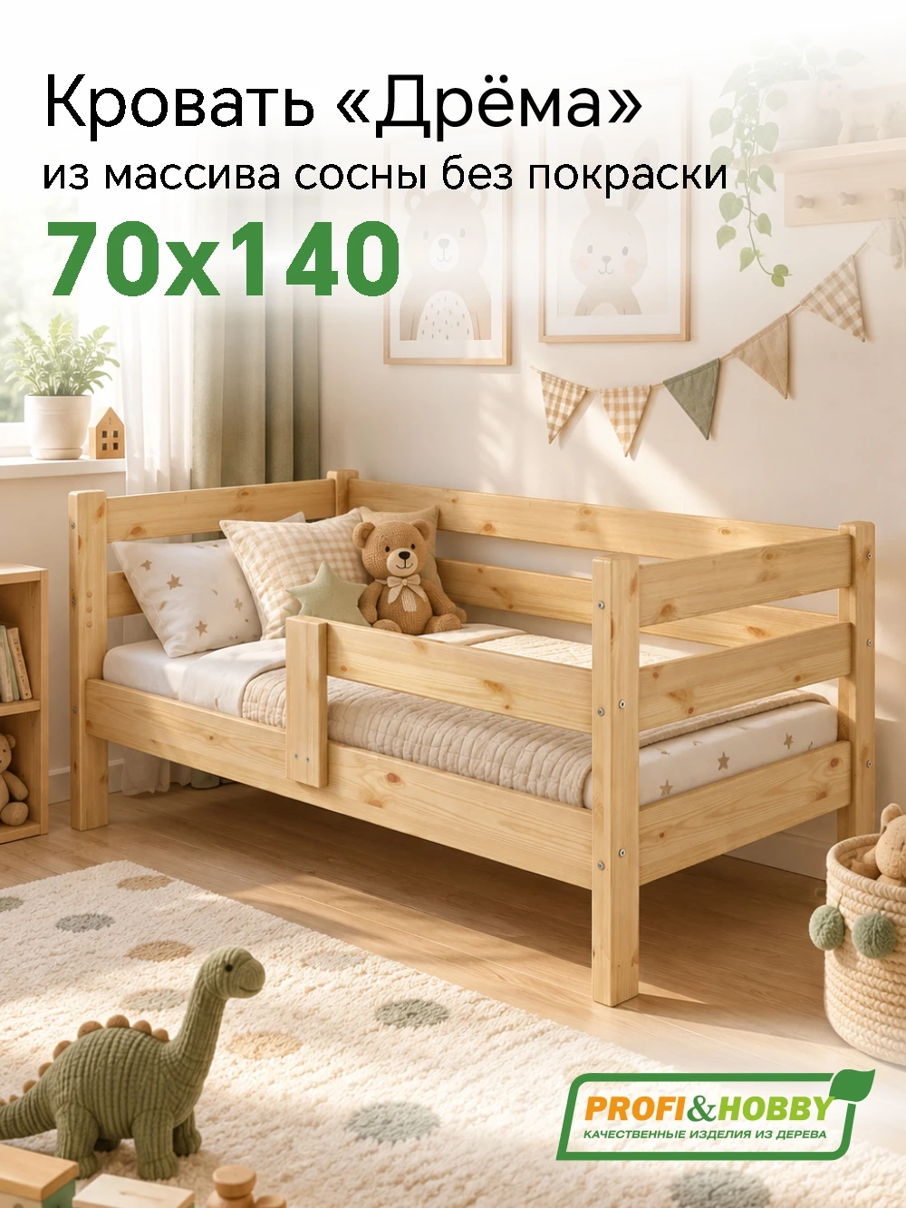 Детская кровать Дрёма 700 х 1400 сосна, без покраски