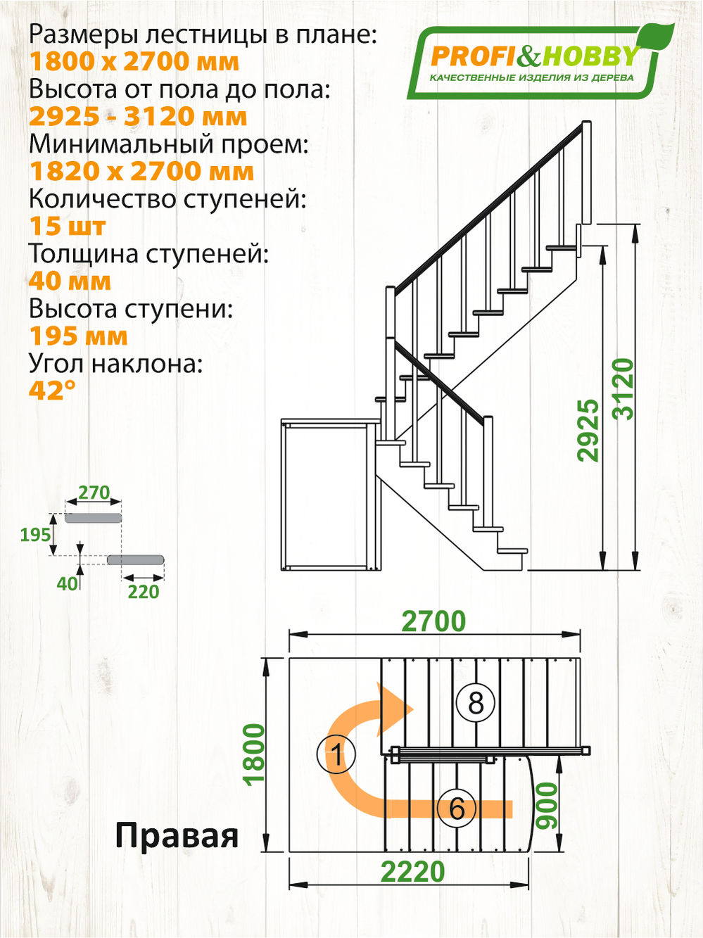 Лестница  К-004м/3 П с подступенками сосна  (7 уп)