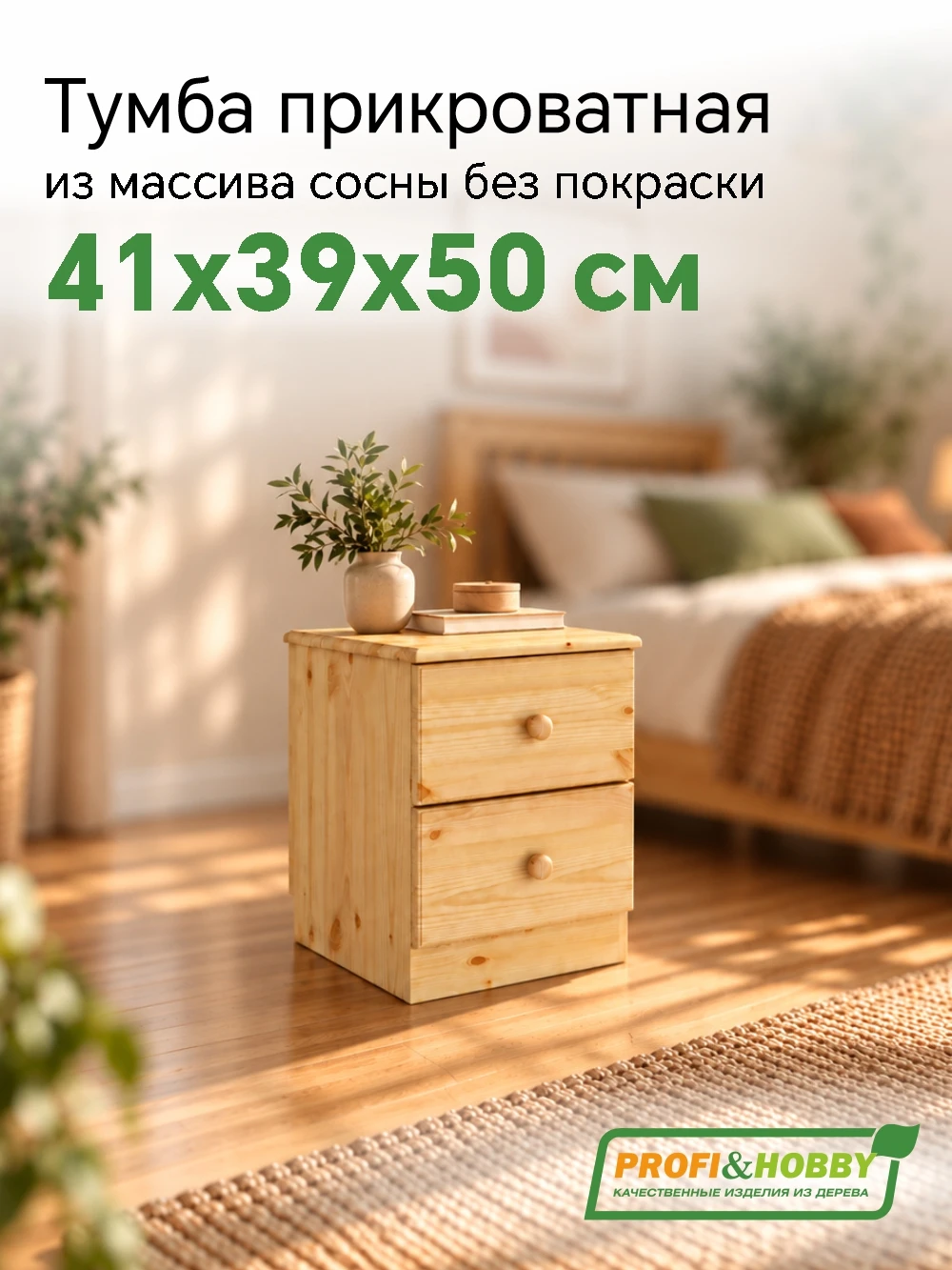 Тумба прикроватная 2 ящика сосна, без покраски ( 1 уп.)