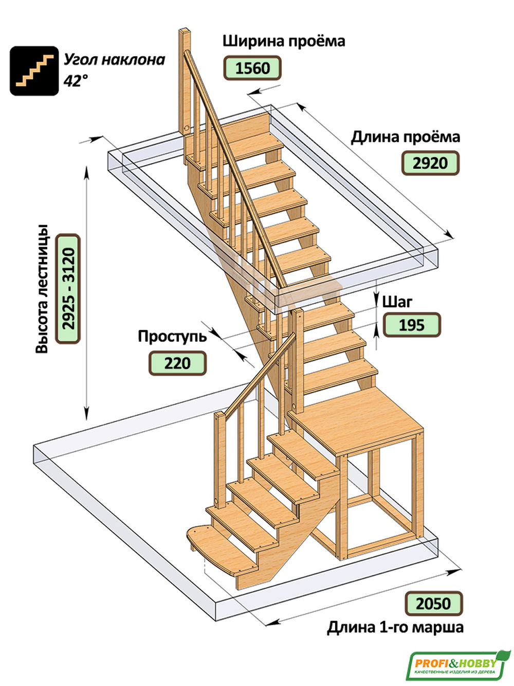 Лестница  К-002м/3  Л  сосна (5 уп)