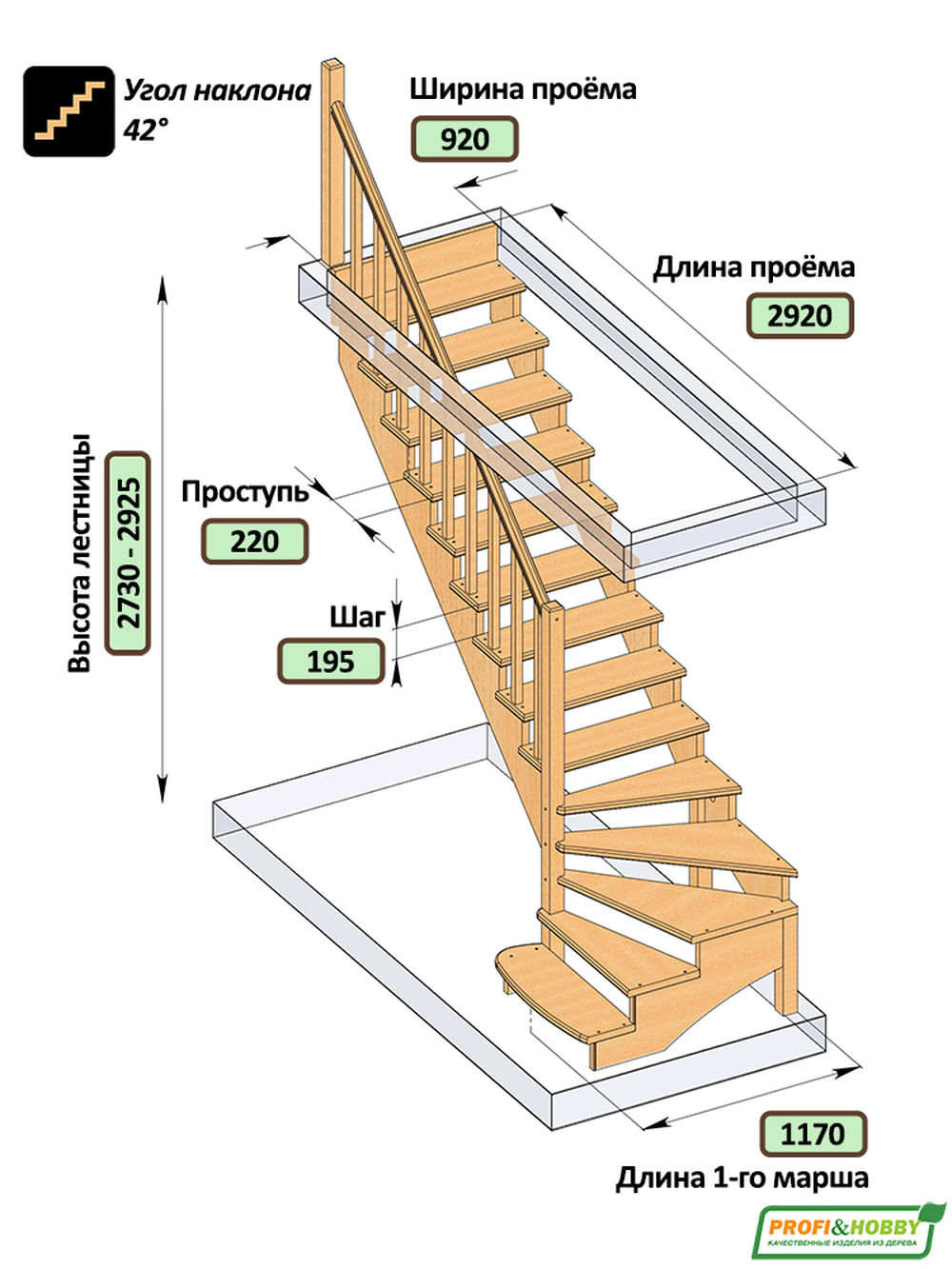 Лестница   К-001м/7  Л c подступенками сосна (6 уп)