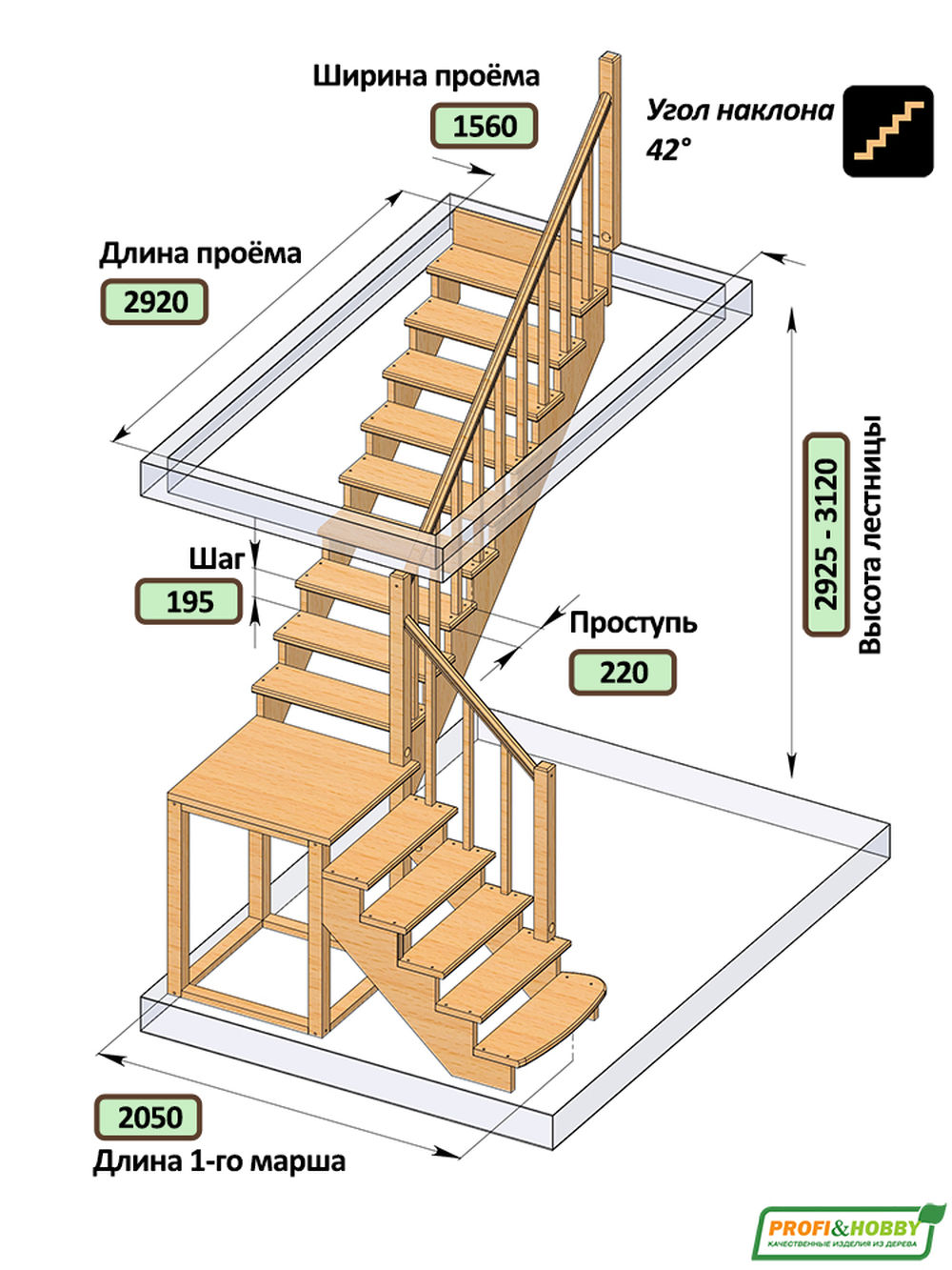Лестница  К-002м/3  П  сосна (5 уп)