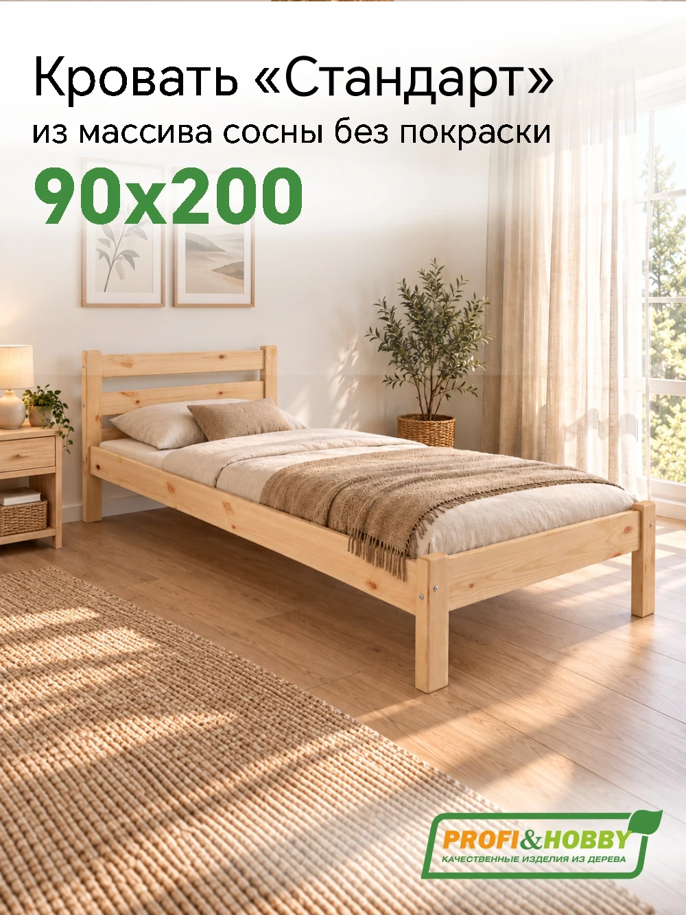 Кровать Стандарт 900 х 2000 сосна, без покраски (1 уп.)