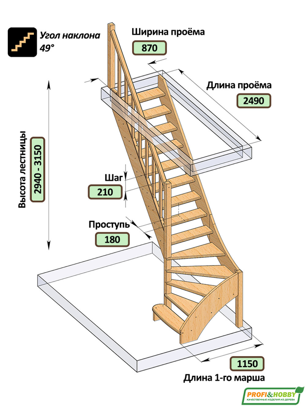 Лестница  ЛС-07м/2 Л с подступенками сосна  (4 уп)
