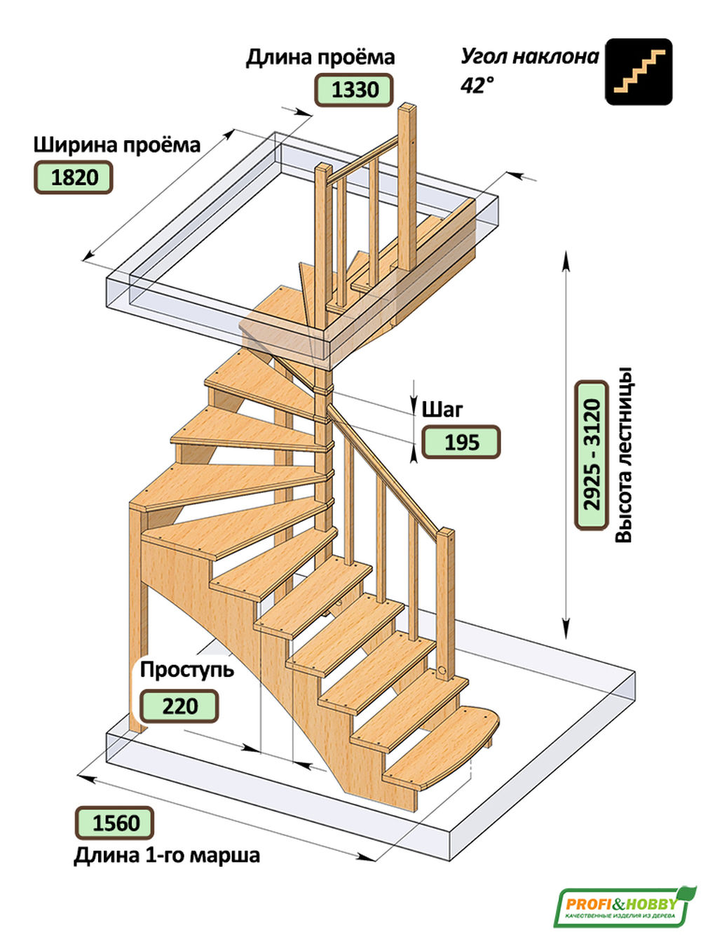 Лестница  К-003м/3  П  сосна (5 уп)