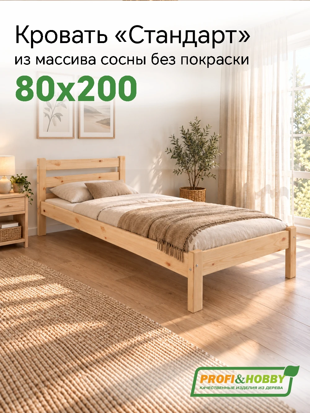Кровать Стандарт 800 х 2000 сосна, без покраски (1 уп.)