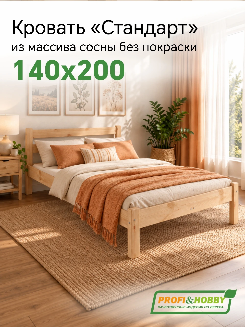 Кровать Стандарт 1400 х 2000 сосна, без покраски (1 уп.)