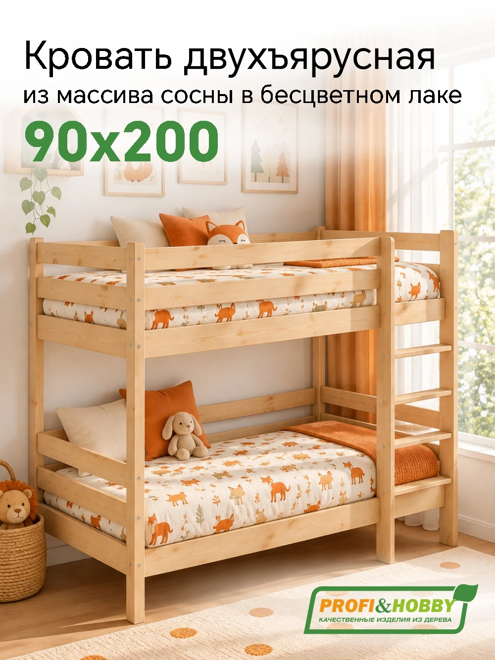 Кровать двухъярусная 900 х 2000 сосна, бесцветный акриловый лак (new)