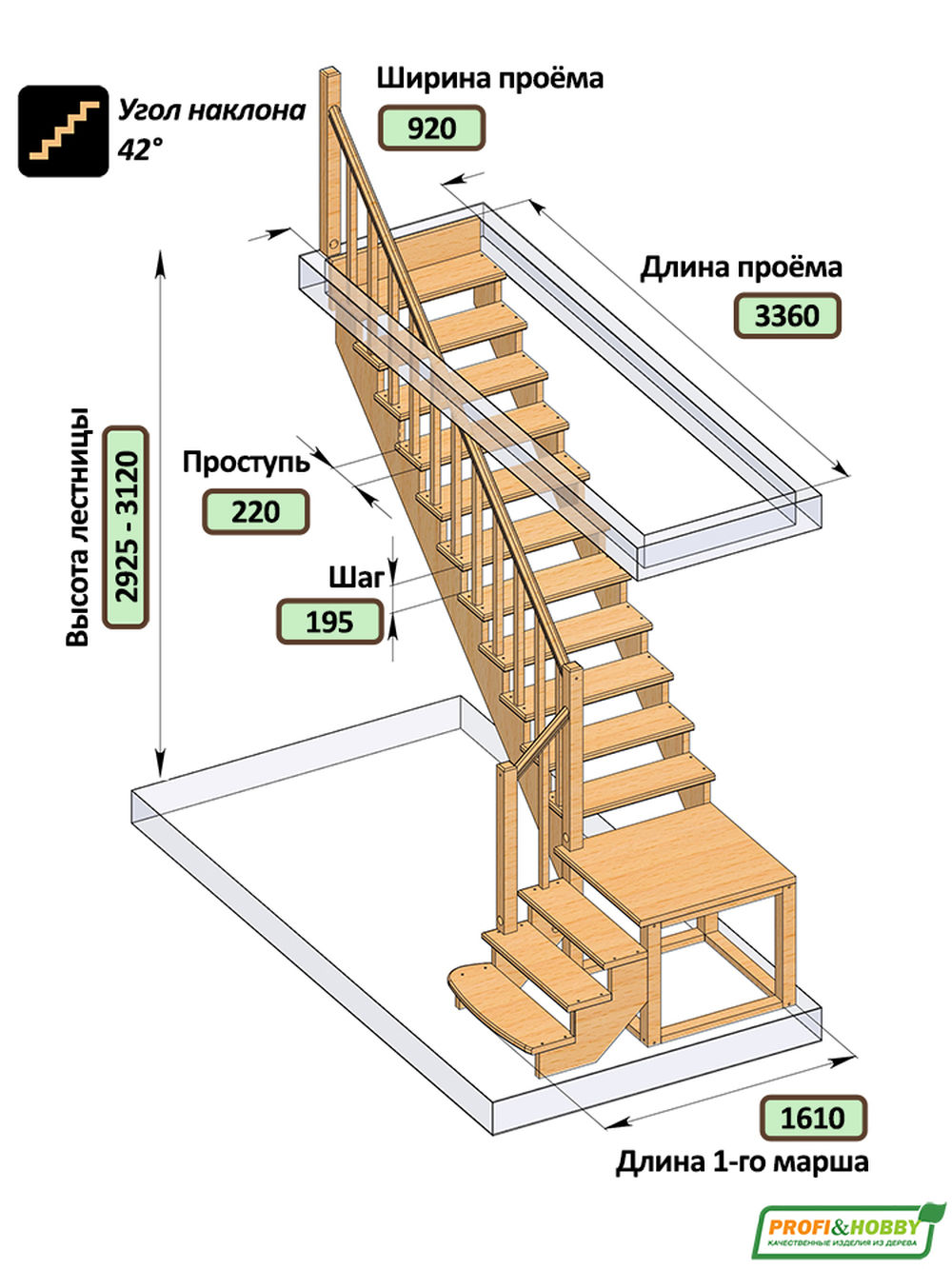 Лестница  К-002м/1 Л c подступенками сосна (6 уп)