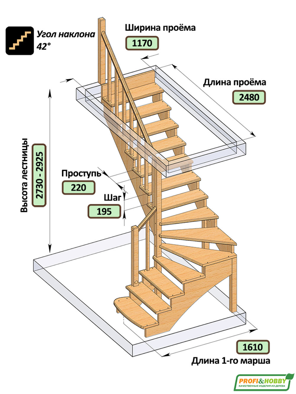 Лестница   К-001м/2 Л c подступенками сосна (7уп)