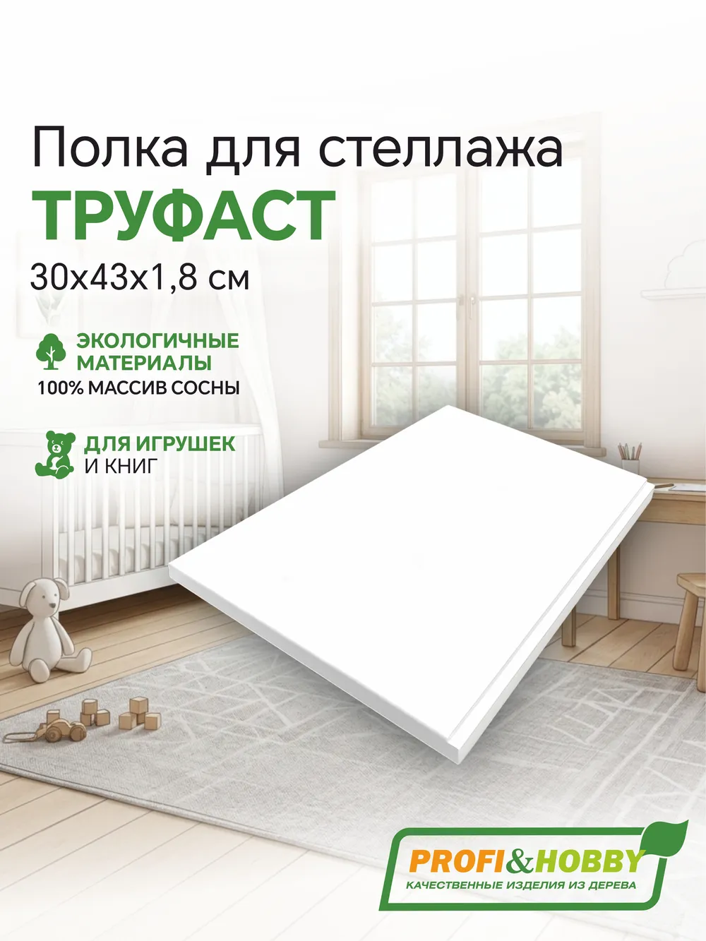 Полка ТРУФАСТ 300х430х18, белый лак сосна (лесенка, горизонтальный), Profi&Hobby