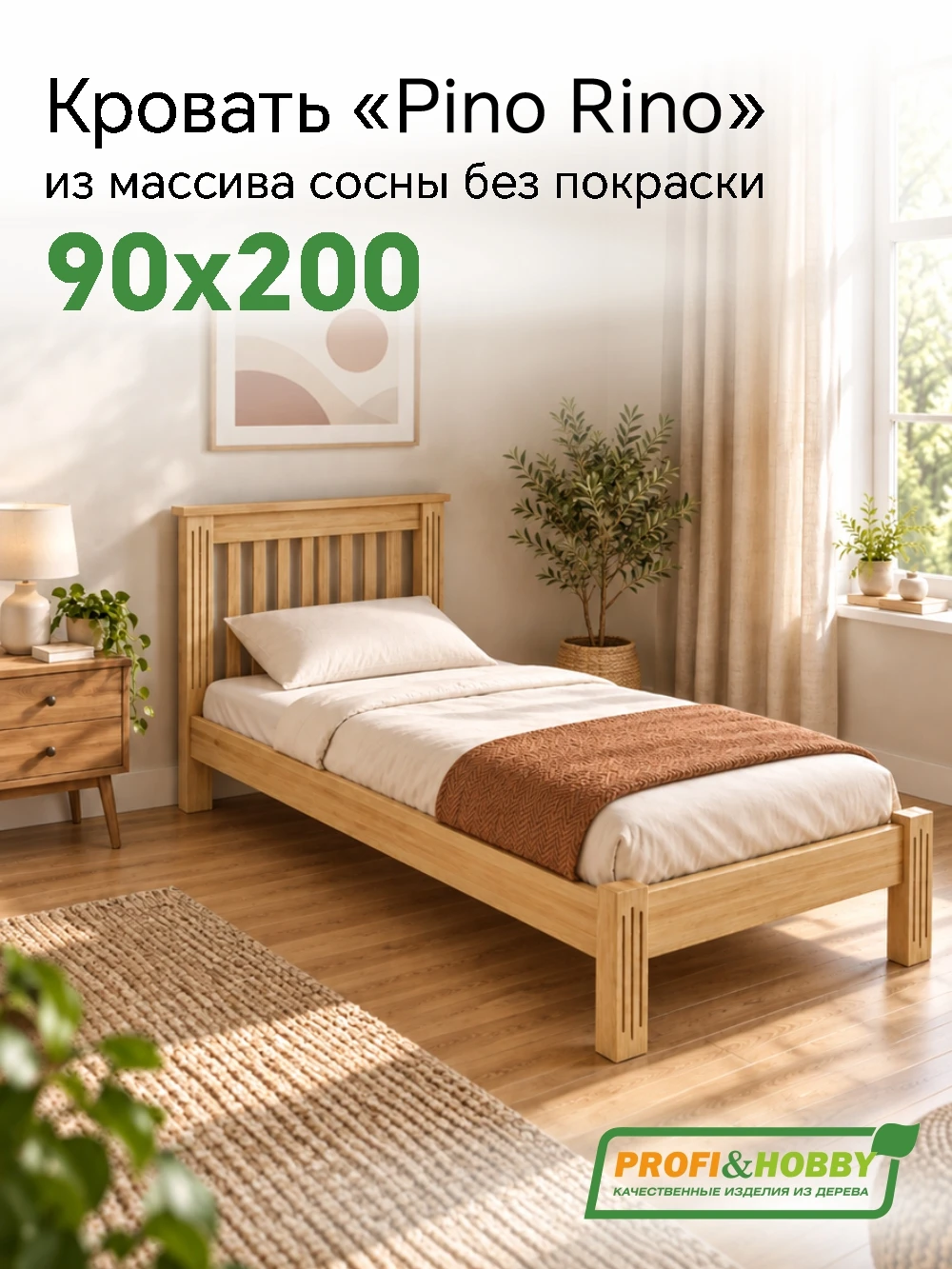 Кровать Pino Rino 900 х 2000 сосна, без покраски (3 уп.)