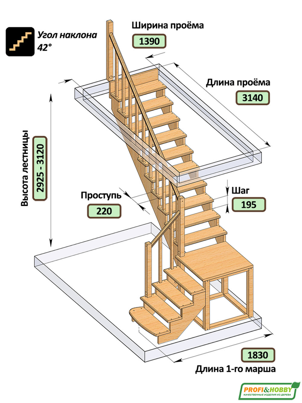 Лестница  К-002м/2 Л c подступенками сосна (6 уп)
